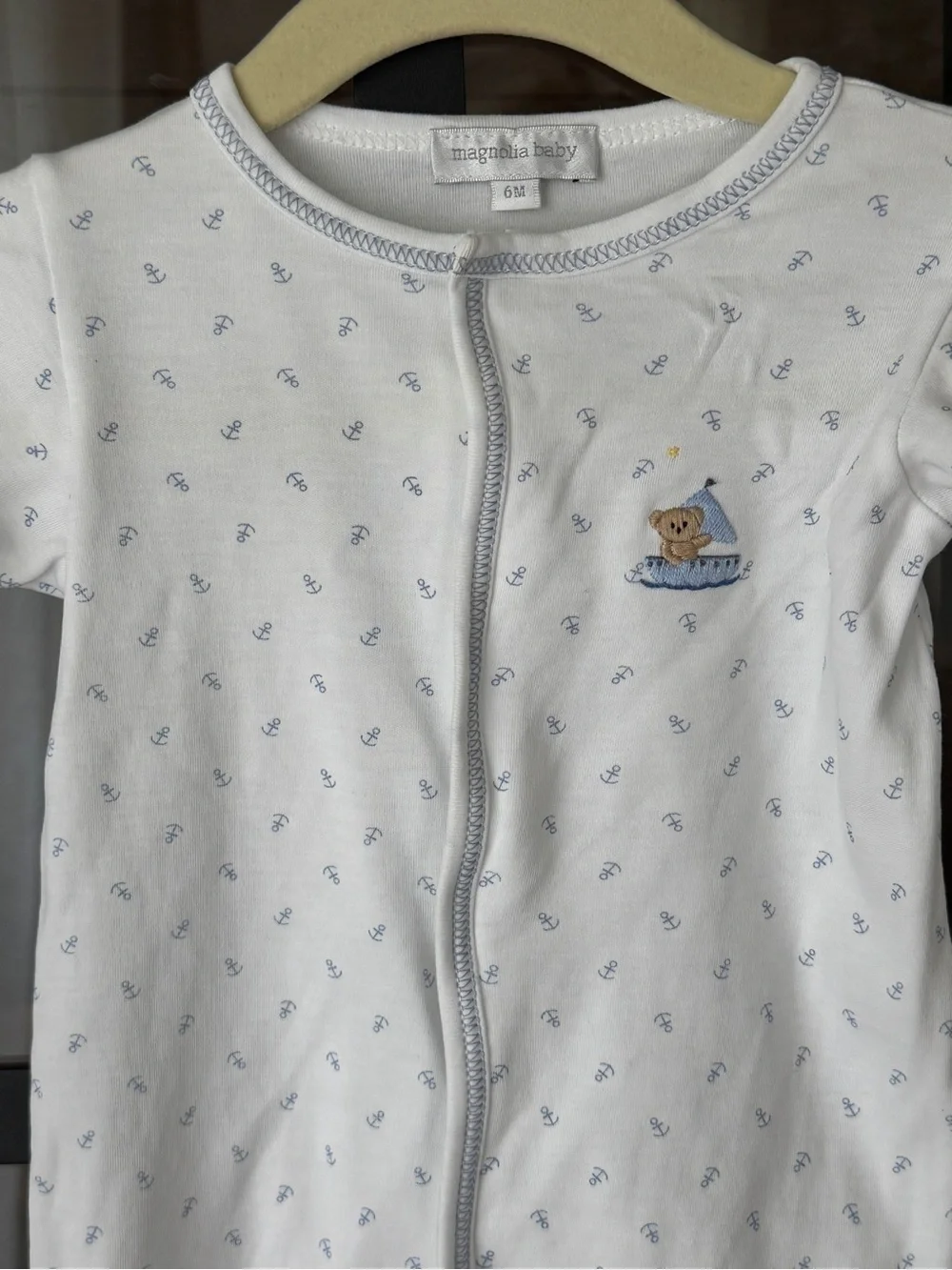 Magnolia baby pima footies embroidered teddy bear anchors sailboat nautical boy